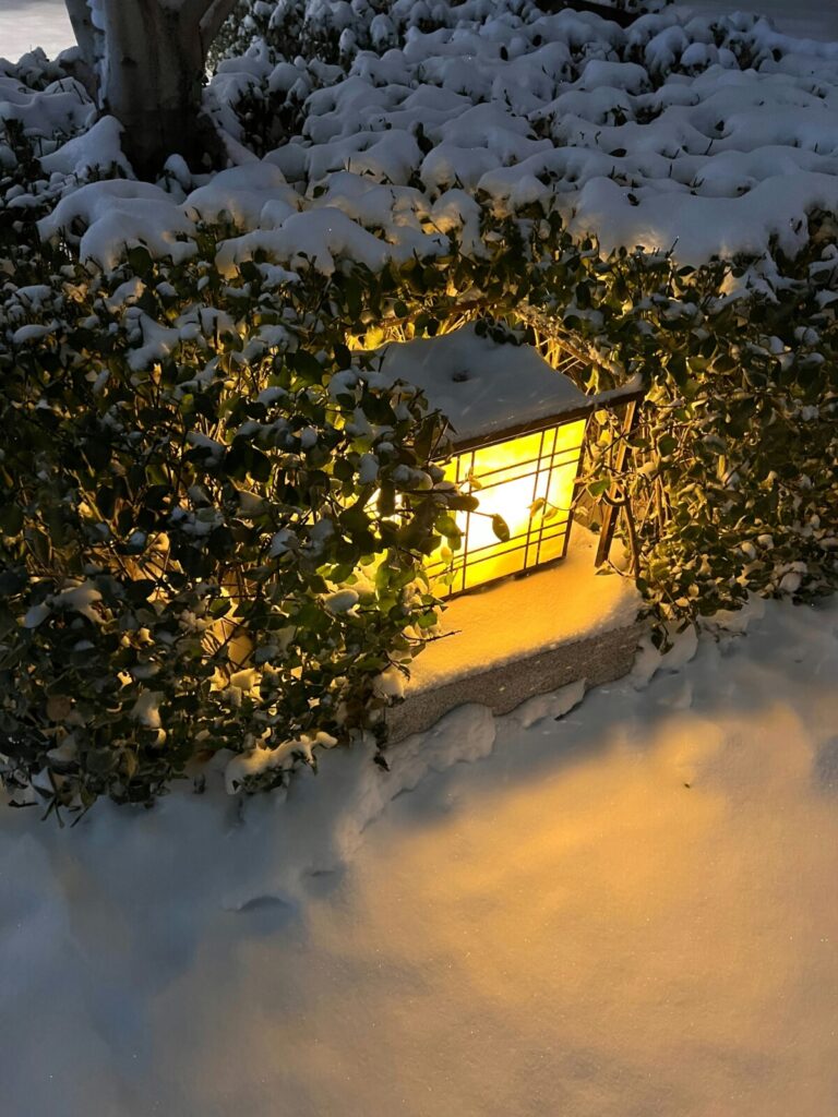 눈 덮인 집 마당 한가운데 놓인 등불이 따뜻하게 빛나는 장면. 혼란스러운 시대에도 가정 회복탄력성이 꺼지지 않는 희망의 불빛임을 상징합니다.