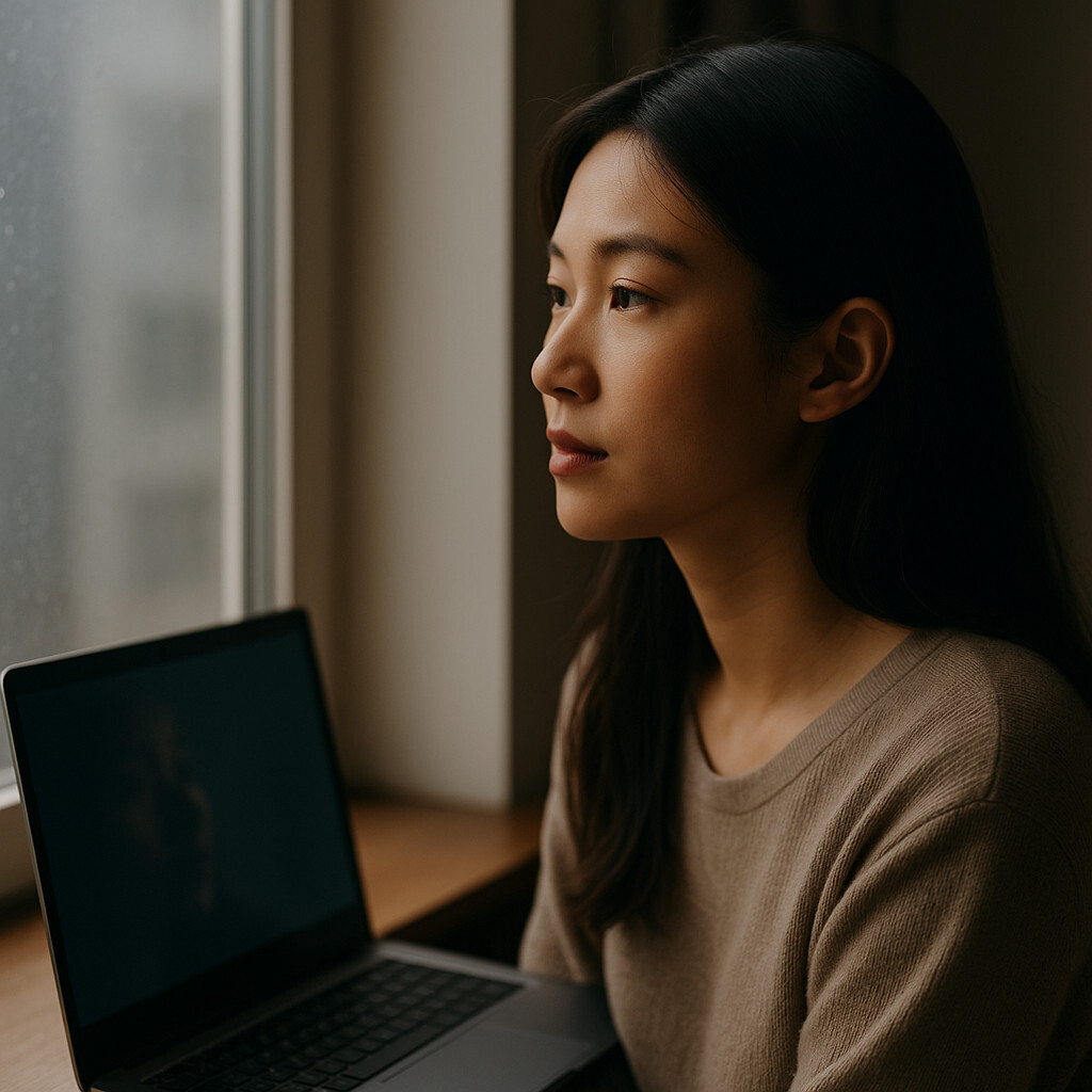 AI인재시대 humanoid woman gazing out the window AI human boundary창가를 바라보는 여성형 인공지능 로봇을 통해 AI인재와 인간의 감성적 교차를 표현한 이미지입니다. 인간적인 AI의 시대를 상징합니다.”