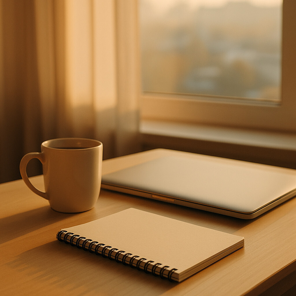 햇살이 드는 책상 위에 커피잔과 노트북, 노트가 놓인 평온한 아침 풍경-아무 것고 하기 싫을 때- 휴식과 집중의 균형을 상징합니다. 글쓰기나 생각 정리에 앞서 마음을 차분히 가다듬는 워드프레스 콘텐츠의 시각적 분위기를 전달하기 위한 목적입니다.