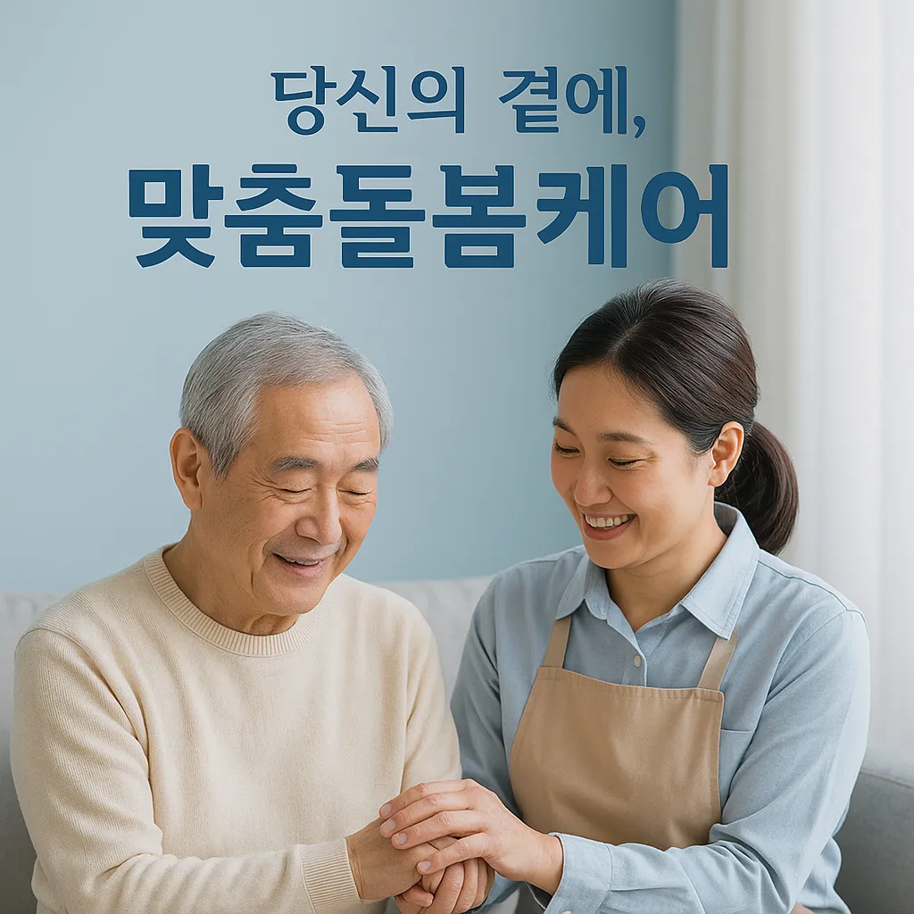노인맞춤돌봄서비스 신청 장면 – 복지 담당자가 어르신 손을 잡고 신청 절차를 설명하는 모습.직원과 어르신이 함께 웃으며 맞춤돌봄케어 신청서를 확인하는 모습이 따뜻하게 표현되었습니다.