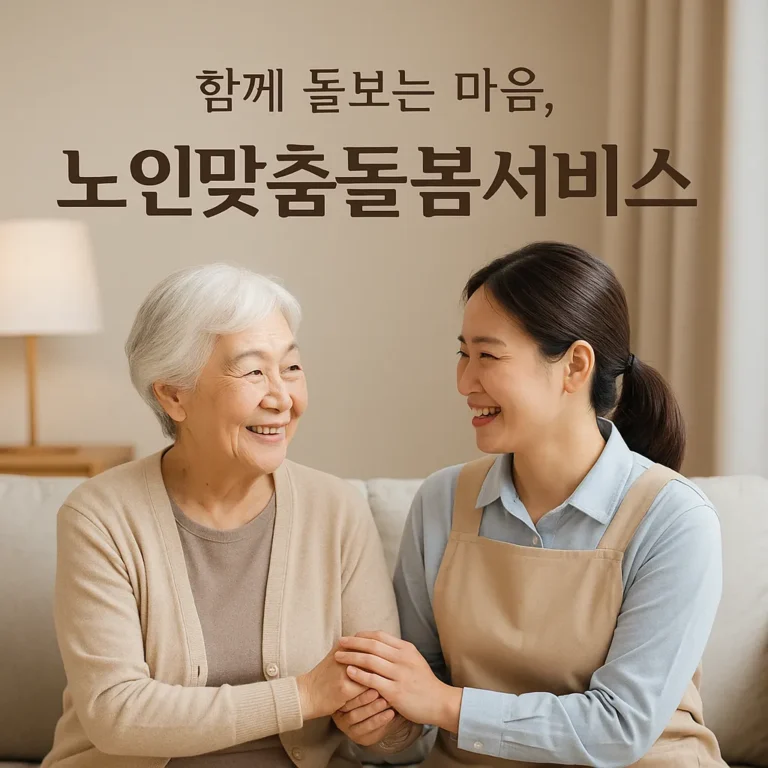 노인맞춤돌봄서비스 가정방문 돌봄 장면 –가정보호사가 할머니 손을 잡고 미소 짓는 모습