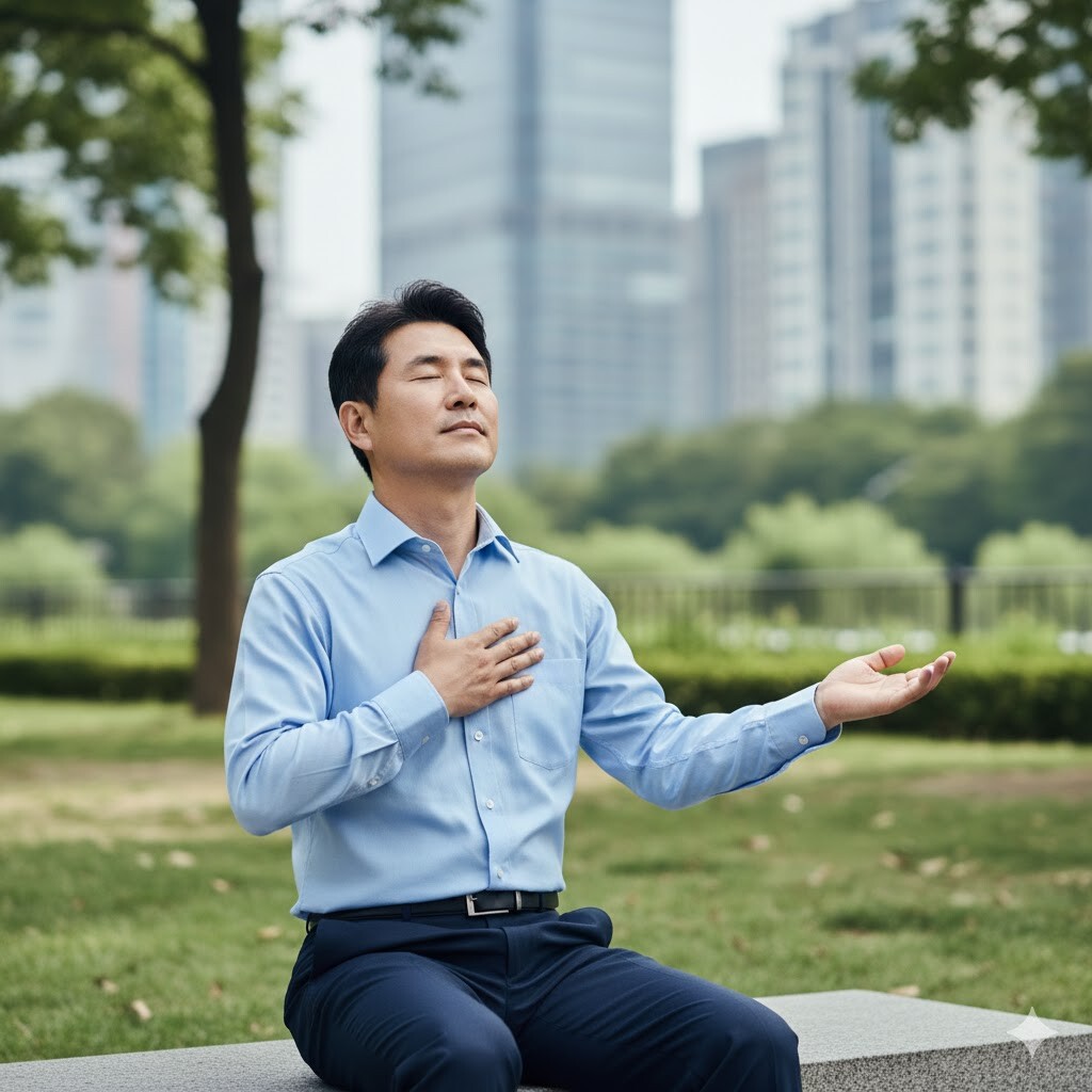 직장인 번아웃에서 벗어나 도시 공원에서 명상하는 중년 남성
