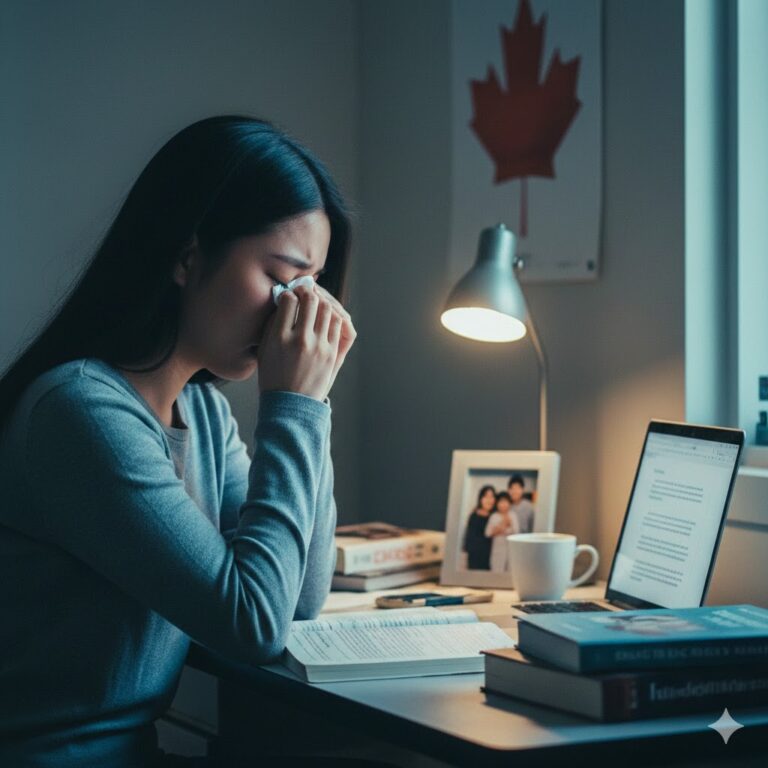 캐나다 유학 중인 여자가 책상에 앉아 휴지로 얼굴을 가린 채 슬픔과 불안감을 느끼는 모습, 유학 스트레스와 공황장애를 암시하는 썸네일.