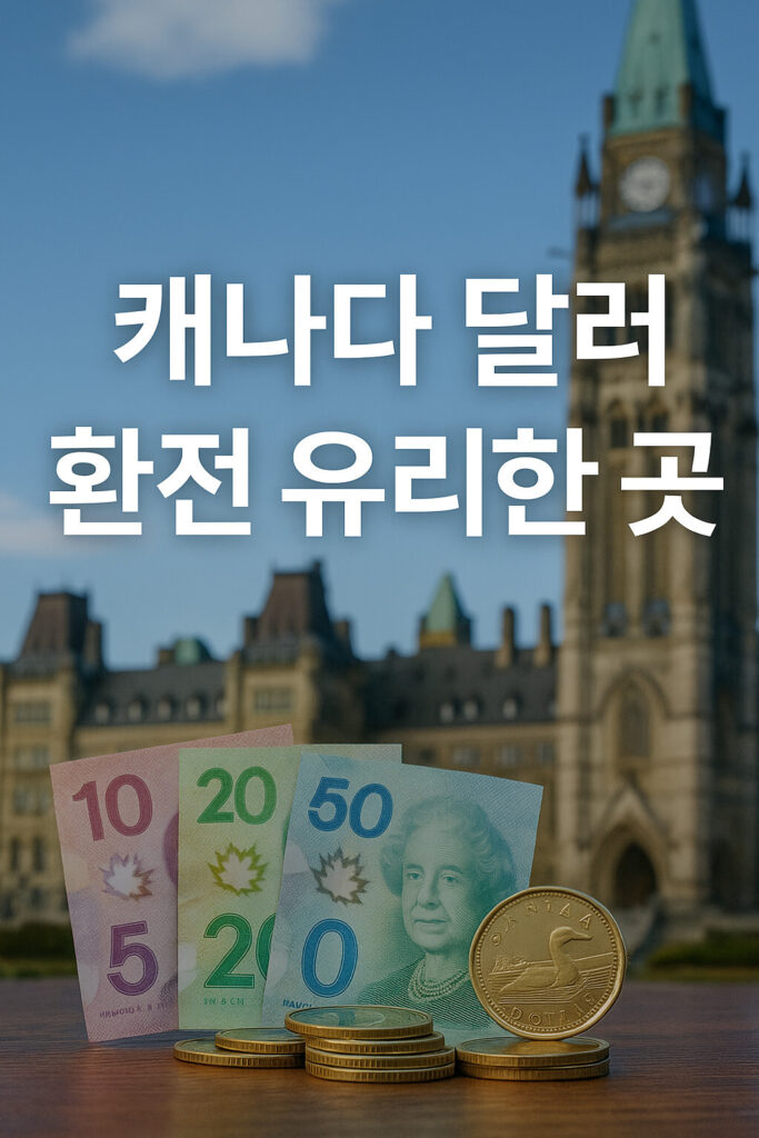 캐나다여행 환전을 안내하기 위해 국회의사당 앞에 놓인 캐나다 달러 지폐와 동전 이미지.