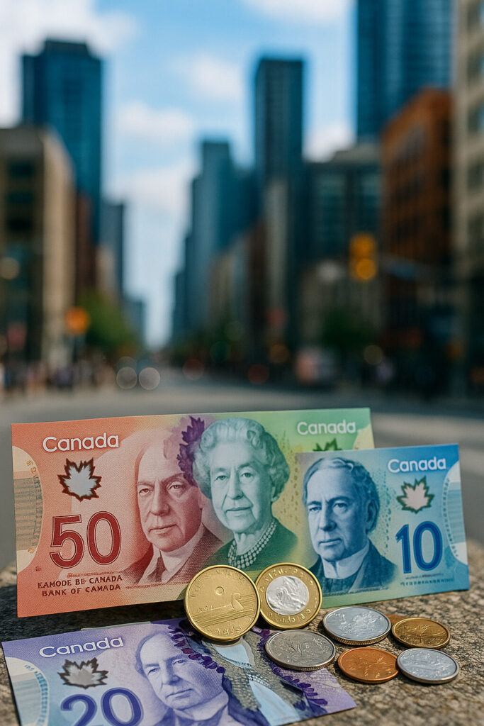 캐나다여행 환전 정보를 표현하기 위해 도시 거리 배경 앞에 놓인 캐나다 달러와 동전.