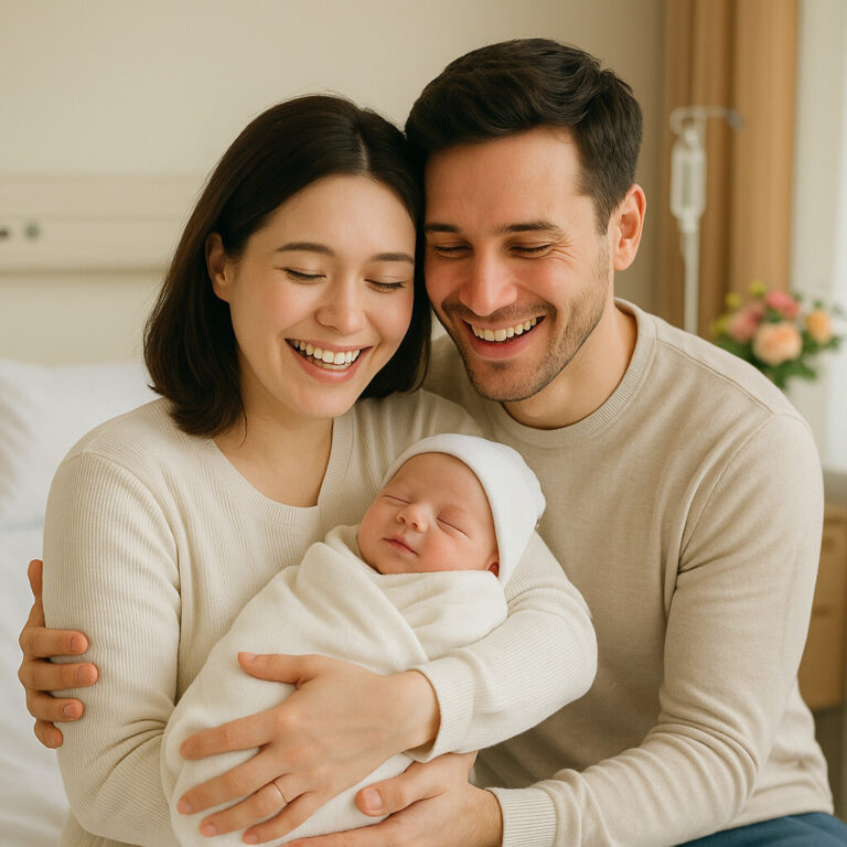 부모가 신생아를 안고 웃고 있는 모습, 행복출산 원스톱서비스 이미지