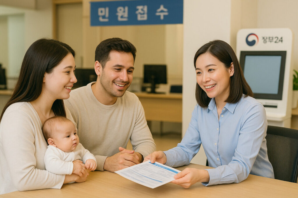 민원창구에서 부모가 직원에게 서류 안내를 받는 모습, 행복출산 원스톱서비스 신청 과정