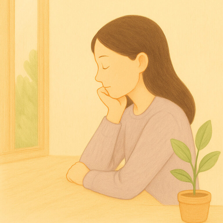 창가에 앉아 조용히 생각하는 사람의 따뜻한 힐링 일러스트-스트레스 자기진단