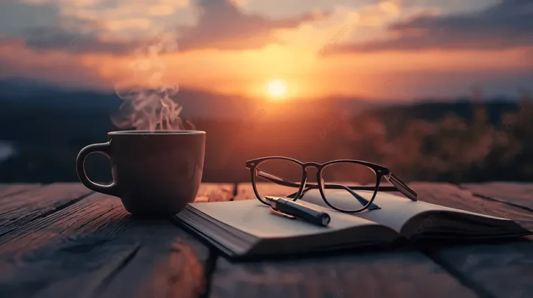 저녁 루틴을 기록하는 미니멀한 노트와 커피잔