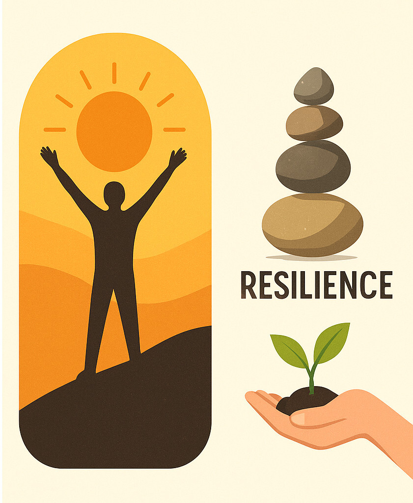 일어서는 사람, 균형 잡힌 돌무더기, 손 위의 새싹으로 표현한 회복탄력성 이미지”