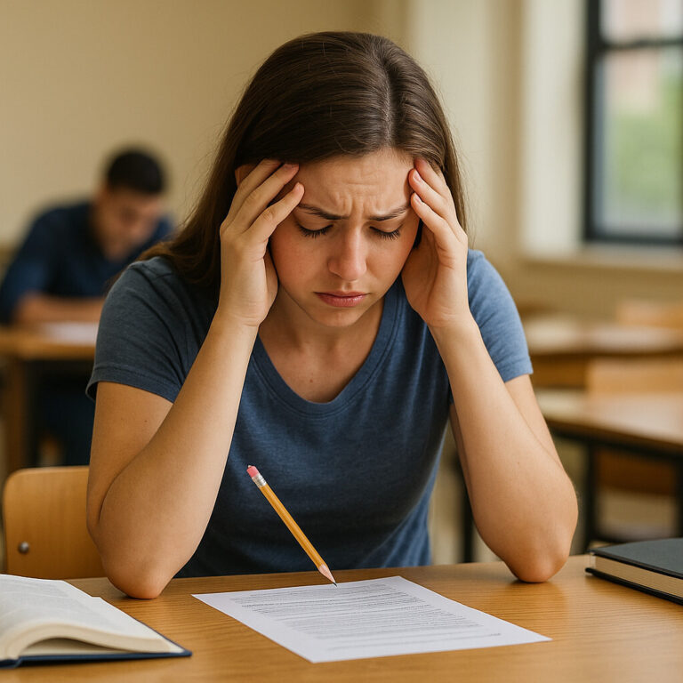 시험 중 스트레스로 머리를 잡고 있는 여학생의 모습으로, 멘탈회복이 필요한 상황을 표현한 이미지.