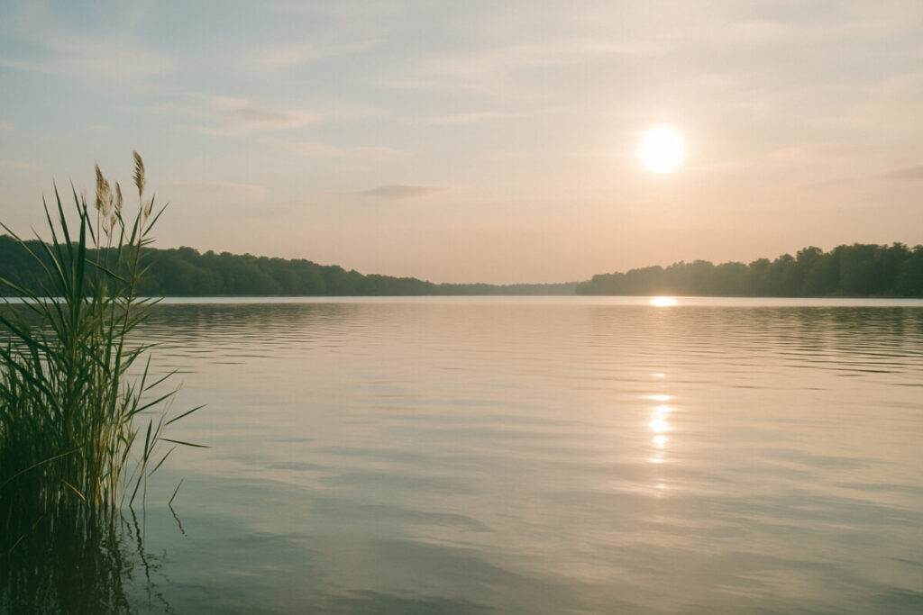 따뜻한 햇빛이 비치는 강가 풍경으로, 멘탈 회복과 마음 안정감을 상징하는 이미지.
