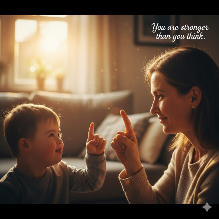 다운 증후군 아이와 엄마가 검지 손가락을 들고 있는 모습