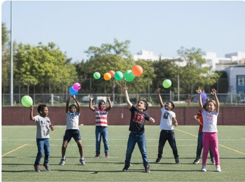 운동장에서 아이들이 풍선을 가지고 즐겁게 뛰어노는 모습-초등 저학년 시기에는 이성 친구를 '성별'로 구분하기보다 '나와 잘 노는 친구'로 인식합니다. 아이들의 자연스러운 사회 활동을 통해 타인을 존중하고 함께 어울리는 법을 배우는 것이 성교육의 핵심적인 기초가 됩니다.
