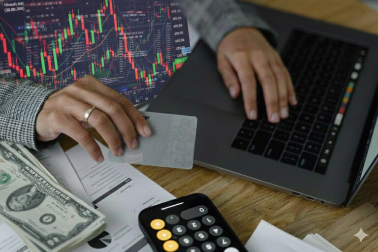 쿠팡 탈퇴-온라인 결제에 사용된 신용카드를 들고 노트북을 조작하는 모습. 민감한 금융 정보의 위험성 시사.