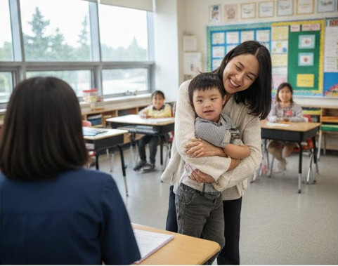 캐나다 교실에서 엄마가 발달장애 아이를 안고 웃고 있는 모습-캐나다 유학 생활의 심리적 안정: 낯선 환경 적응에 어려움을 겪는 발달장애 자녀를 안아주는 엄마의 모습과 캐나다 유학 현장
