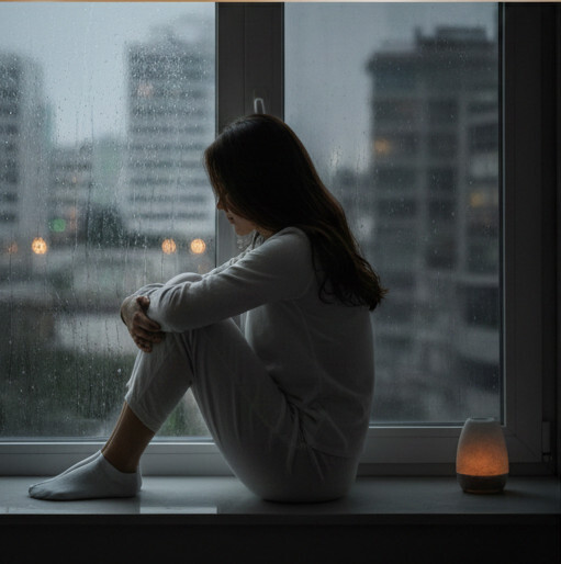 비 오는 창가에 앉아 고독하고 지친 표정으로 깊은 생각에 잠긴 여성:발달장애 부모 스트레스와 고립감을 상징하는 이미지. 회복탄력성을 높이기 위해 현재의 심리 상태를 인정하는 것이 첫걸음입니다.