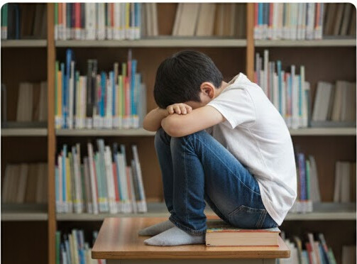 도서관 책상에 웅크리고 앉아 힘들어하는 중학생 남자아이-중학생 시기 이성 교제와 이별은 성교육에서 '관계와 책임'을 배울 수 있는 기회입니다. 아이가 겪는 슬픔을 가볍게 여기지 않고, 그 감정을 온전히 존중해 줄 때 아이는 타인의 감정도 소중하다는 것을 깨닫게 됩니다.