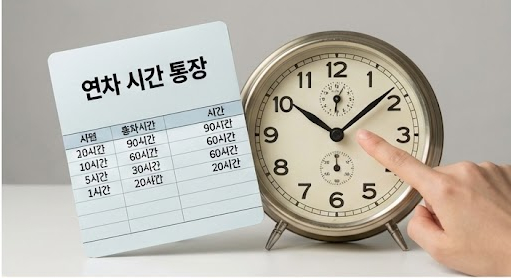 연차를 시간 단위로 기록한 '연차 시간 통장' 메모와 이를 가리키는 손, 옆에 놓인 아날로그 시계.-육아기 근로시간 단축 기간 동안 연차 유급휴가는 일(Day) 단위가 아닌 시간(Hour) 단위로 계산 및 차감된다는 '연차 시간 통장' 개념을 시각적으로 보여주는 이미지입니다.