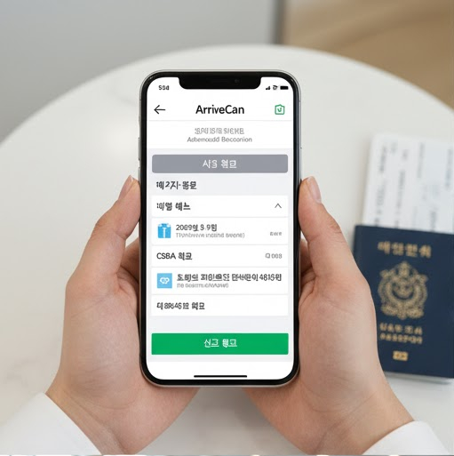한 남자가 스마트폰으로 캐나다 입국 전 세관 및 이민 신고를 미리 마칠 수 있는 ArriveCAN 앱을 조작하고 있는 모습입니다.