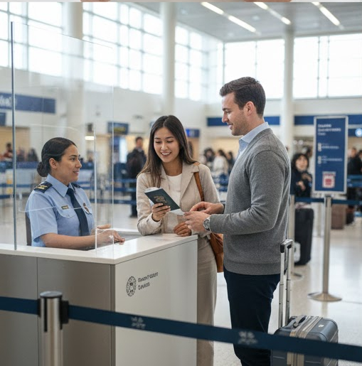 키오스크 절차를 마친 여행자가 CBSA 심사관에게 서류를 제출하며 캐나다 입국 목적과 체류 기간에 대해 답변하는 모습입니다.