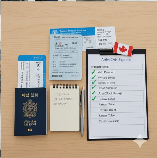 성공적인 캐나다 입국을 위해 필요한 여권, 항공권, eTA 승인 확인서 및 ArriveCAN 준비물을 한눈에 보여주는 체크리스트 이미지입니다.
