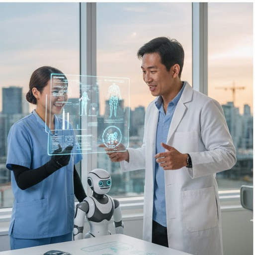 캐나다 이민 성공률이 높은 의료 보건 인력과 STEM 분야 전문가들이 협업하는 장면-로그램 데이터와 AI 로봇을 활용해 협진하는 의료진. 캐나다가 2026년 가장 목말라하는 핵심 인재 카테고리를 상징합니다.