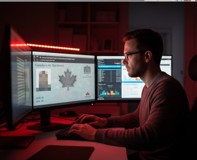 붉은색 조명이 비치는 어두운 방 안에서 한 남자가 컴퓨터로 작업하고 있는 모습입니다. 모니터에는 캐나다 영주권 카드 이미지가 띄워져 있어, 갱신 조건 확인이나 서류 준비 과정을 나타냅니다.