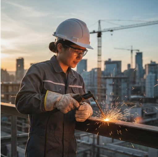캐나다 영주권 취득에 유리한 숙련 기술직 용접공이 건설 현장에서 작업하는 모습-노을 지는 캐나다 도심 건설 현장에서 전문 기술을 발휘하고 있는 숙련공. 주거난 해결을 위해 캐나다 정부가 적극 영입하는 직군입니다.