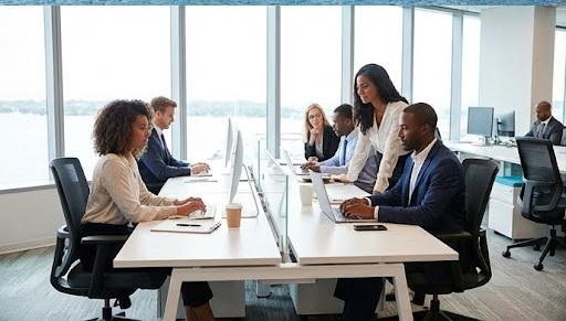 캐나다 현지 기업 사무실에서 근무하며 캐나다 영주권 취득을 준비하는 직장인들의 모습-캐나다 영주권 취득의 핵심은 경력입니다. 현지 기업에서 일하며 경력을 쌓는 것이 CEC 등 주요 이민 프로그램의 성공 열쇠입니다.