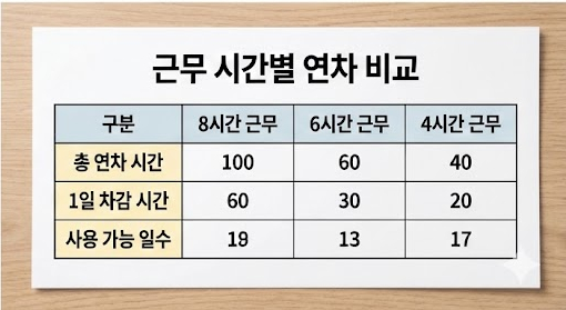 8시간, 6시간, 4시간 근무 시의 총 연차 시간, 1일 차감 시간, 사용 가능 일수를 비교한 '근무 시간별 연차 비교' 표.-육아기 근로시간 단축 정도(6시간, 4시간)에 따라 통상 근로자(8시간)와 비교하여 총 연차 시간, 1일 사용 시 차감 시간, 최종 사용 가능 일수가 어떻게 달라지는지 일목요연하게 정리한 비교표입니다.