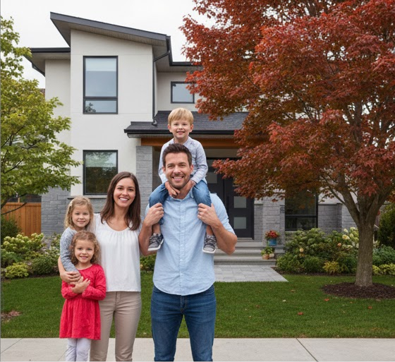 단풍나무가 있는 현대적인 캐나다 주택 앞에서 환하게 웃고 있는 부부와 세 아이. 현대적인 캐나다 단독 주택 앞에서 미소 짓고 있는 부부와 아이들의 모습입니다. 캐나다 영주권 유지를 위한 거주 의무 기간 동안 가족이 함께 누리는 행복한 일상을 시각화했습니다.