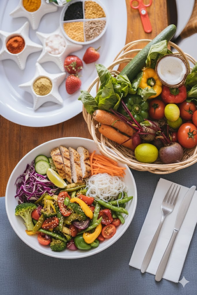 고지혈증 식단 관리에 필수적인 신선한 채소 바구니와 샐러드 볼