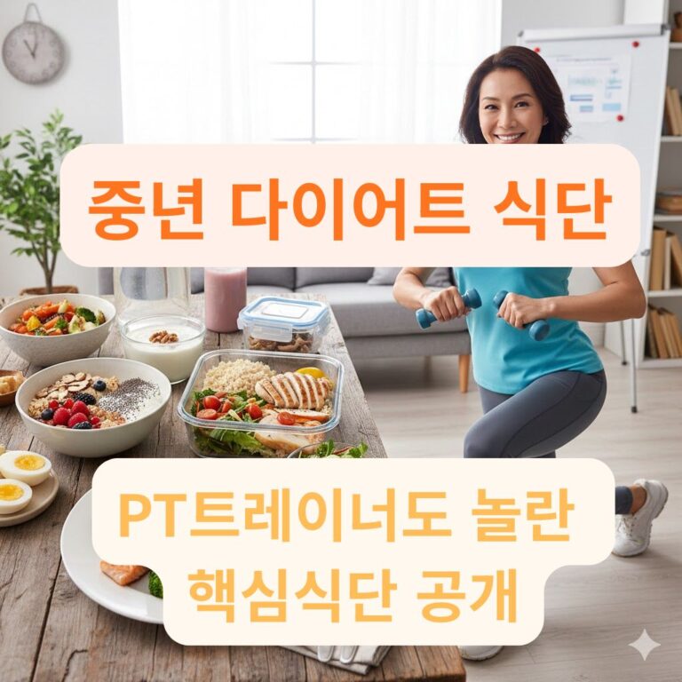 운동복을 입고 웃으며 런지 동작을 하는 중년 여성과 테이블 위 중년 다이어트 식단 구성