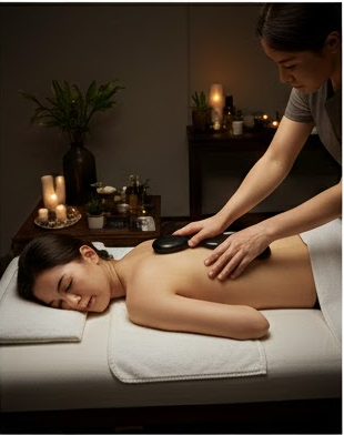 다이어트 식단 관리 중 정체기 극복을 돕는 스톤 마사지 장면-운동과 식단 외에 몸의 피로를 풀고 감량을 돕는 보조적인 관리 방법 설명