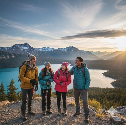 캐나다 로키 산맥 호수를 배경으로 이민 성공 후 행복한 시간을 보내는 사람들-아름다운 캐나다 밴프 국립공원에서 하이킹을 즐기며 자유로운 삶을 만끽하는 이민자들. 캐나다 이민 취득 후 누릴 수 있는 풍요로운 캐나다 생활을 보여줍니다.
