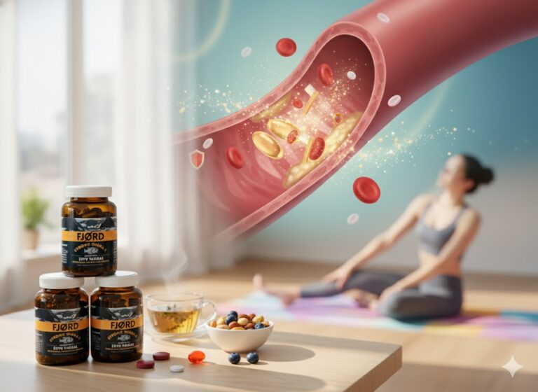 요가 매트와 영양제, 건강한 식단이 어우러진 고지혈증 관리 라이프스타일