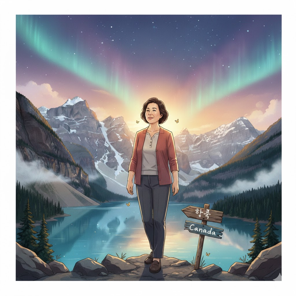 캐나다 시민권과 한국인으로서의 정체성 사이의 여정을 담은 일러스트-캐나다 시민권자로서의 삶을 뒤로하고 한국 국적 회복을 통해 정서적 안정을 찾아가는 과정을 상징적으로 표현한 이미지입니다.