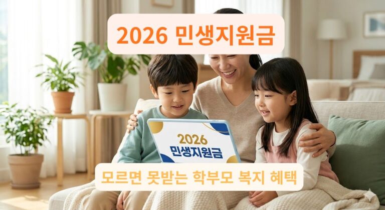 2026 민생지원금 신청 소식을 확인하고 기뻐하는 한국인 학부모와 아이들의 모습