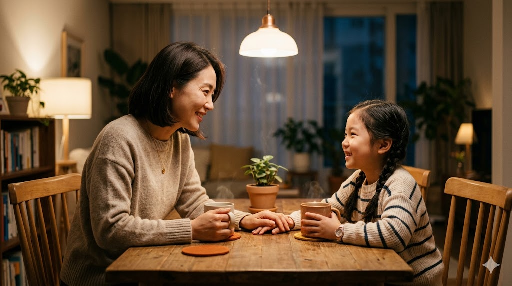 저녁 시간 아늑한 식탁에서 한국 엄마와 어린 딸이 마주 앉아 따뜻한 코코아를 마시며 깊은 정서적 연결을 나누는 순간. 엄마가 사랑과 공감의 눈빛으로 딸을 바라보며 손을 맞잡고 있습니다. 이 이미지는 상담학적 관점에서 새학기 증후군을 극복하기 위한 '정서적 안전기지' 구축과 부모의 지지를 시각화합니다.
