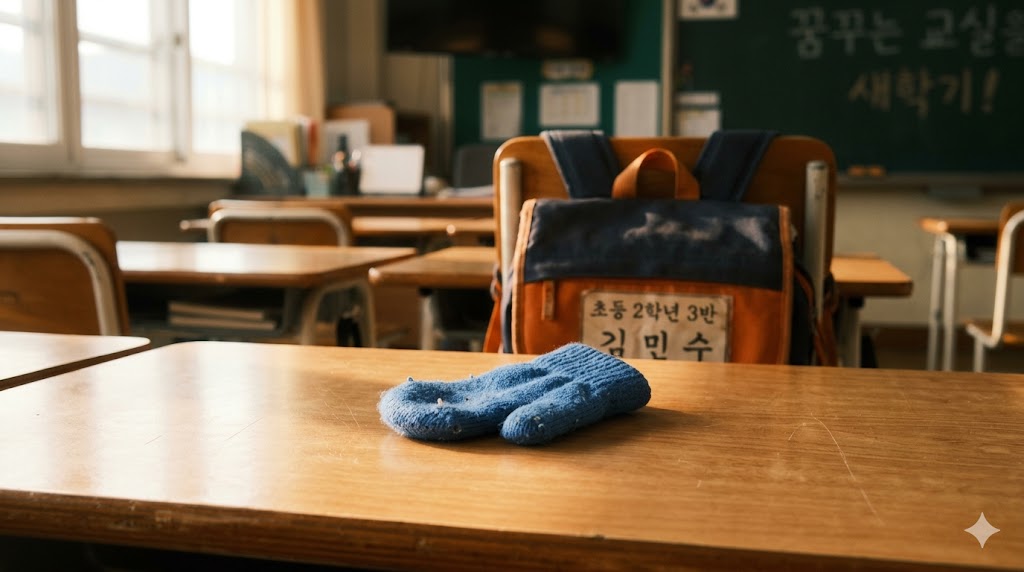 새학기 증후군 증상으로 학교생활에 적응하지 못하고 교실 책상에 홀로 남겨진 아이의 파란색 털장갑.-텅 빈 교실 책상 위에 홀로 남겨진 작은 파란색 손가락 장갑을 근접 촬영한 사진. 배경으로 흐릿하게 보이는 아이의 배낭과 한글 이름표가 주인을 잃은 듯한 쓸쓸함을 자아내며, 새학기 증후군의 대표적인 증상인 고립감, 불안, 등교 거부 심리를 은유적으로 표현합니다.