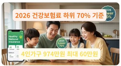 따뜻한 분위기의 거실에서 한국인 4인 가구가 태블릿 PC를 통해 국민건강보험공단 앱의 '하위 70%' 자격 요건을 확인하며 환하게 웃고 있다.