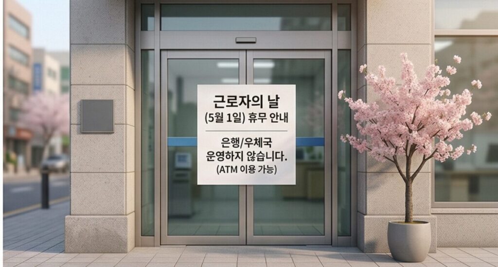 근로자의 날 5월 1일 은행 및 우체국 휴무 안내문이 붙은 건물 유리문-5월 황금연휴
