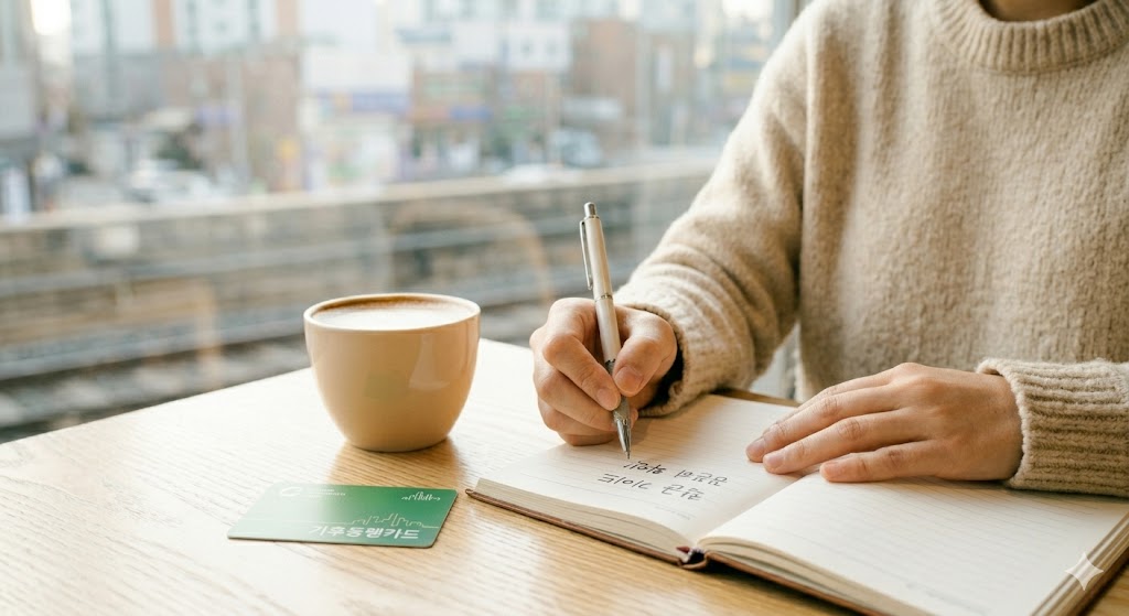 깔끔한 책상 위, 노트에 필기하는 손과 나란히 놓인 기후동행카드-아침 햇살이 비추는 깔끔한 나무 책상에서, 썸네일과 같은 포근한 크림색 스웨터를 입은 청년이 펜으로 노트에 '환급 가이드', '꼼꼼히 확인!'이라고 필기하고 있습니다. 노트 옆에는 녹색 기후동행카드와 따뜻한 세라믹 커피 잔이 놓여 있습니다. 기후동행카드 정보를 분석하고 정리하는 전문가의 신뢰감을 주는 이미지입니다.
