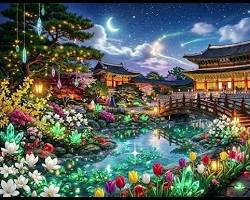 창경궁 춘당지 호수 위에 화려하게 수놓아진 빛의 연꽃 미디어아트 퍼포먼스. 2026 창경궁 물빛연화의 핵심 관람 포인트.