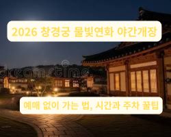 은은한 조명과 보름달이 어우러진 창경궁의 고즈넉한 야경 전경. 창경궁 물빛연화 2026 관람의 시작점.