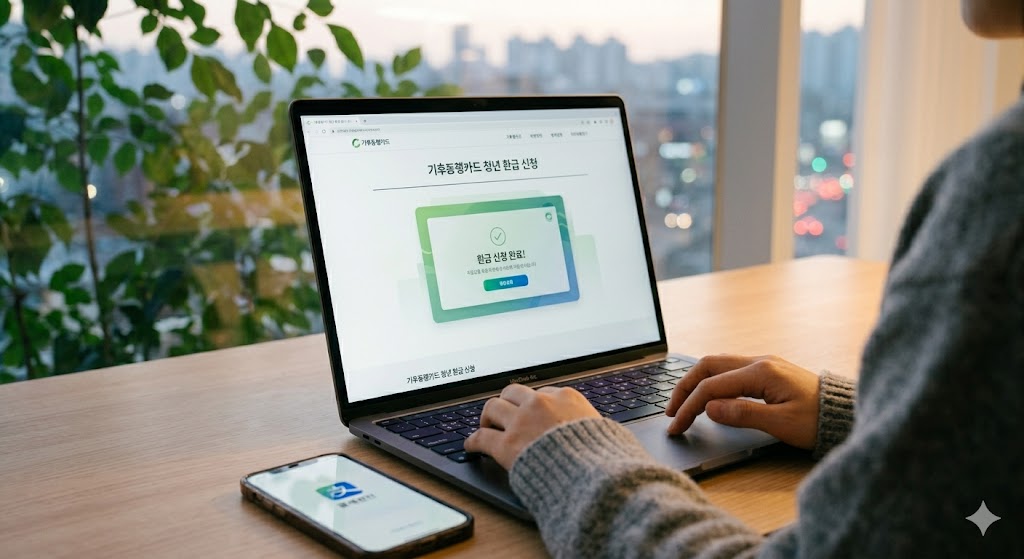 노트북 화면에 띄워진 기후동행카드 청년 환급 신청 페이지와 신청 완료 메시지-따뜻한 저녁, 창가 앞 책상에서 포근한 스웨터를 입은 청년이 노트북과 스마트폰을 이용해 기후동행카드 환급 신청을 하고 있습니다. 노트북 화면에는 '환급 신청 완료!'라는 한국어 메시지와 기후동행카드 청년 환급 신청 페이지가 명확하게 보입니다. 정보 전달과 편리함을 강조하는 이미지입니다.