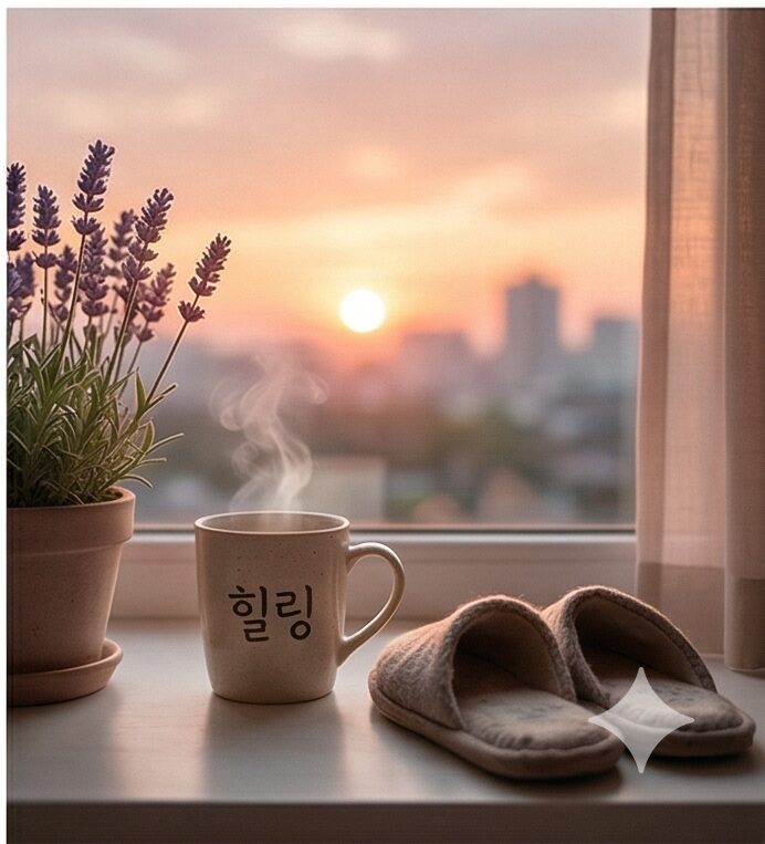 '힐링' 문구가 적힌 컵과 따뜻한 차, 노을이 보이는 평온한 창가 풍경- 5월 황금연휴