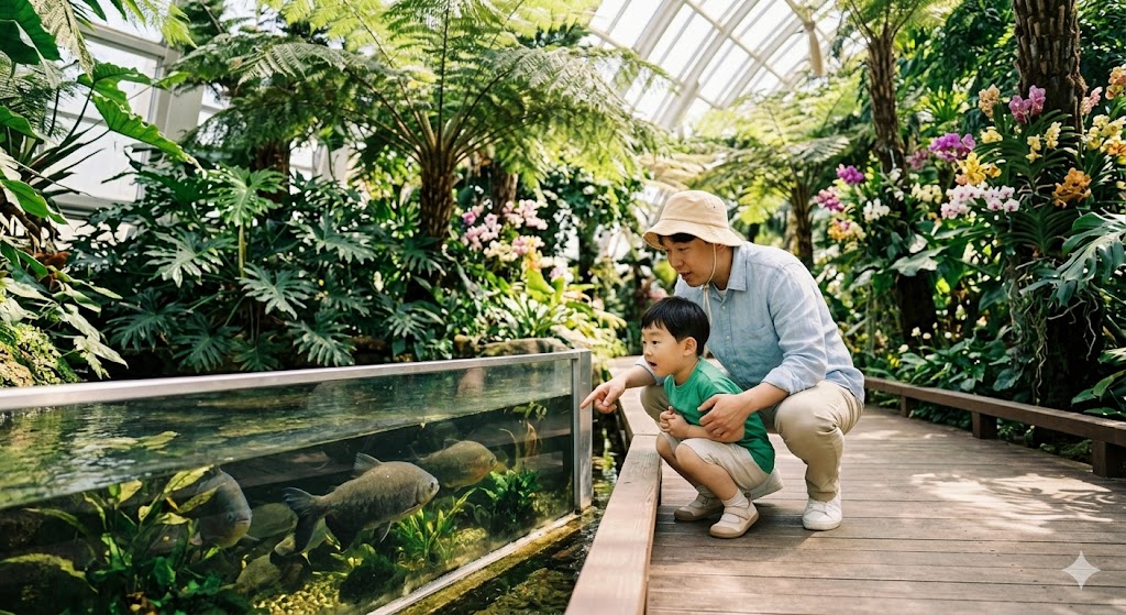 아이와 갈만한 곳 서천 국립생태원에서 열대어와 식물을 관찰하는 호기심 가득한 아이로 전 세계 기후를 체험하며 아이의 인지 발달과 호기심을 자극하는 살아있는 교육의 현장입니다