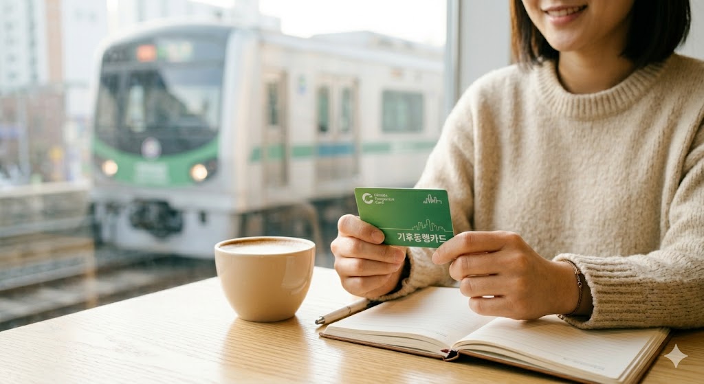 따뜻한 커피와 저널 옆에 놓인 녹색 기후동행카드를 들고 미소 짓는 손-서울 도심의 한적한 카페에서, 썸네일과 같은 포근한 크림색 스웨터를 입은 청년이 녹색 기후동행카드를 들고 여유를 즐기고 있습니다. 깨끗한 나무 테이블 위에는 따뜻한 커피 잔과 펼쳐진 저널이 놓여 있으며, 블러 처리된 창밖으로 서울 지하철이 지나가 기후동행카드의 일상 속 가치를 표현합니다. 따뜻하고 평화로운 감성 이미지입니다.
